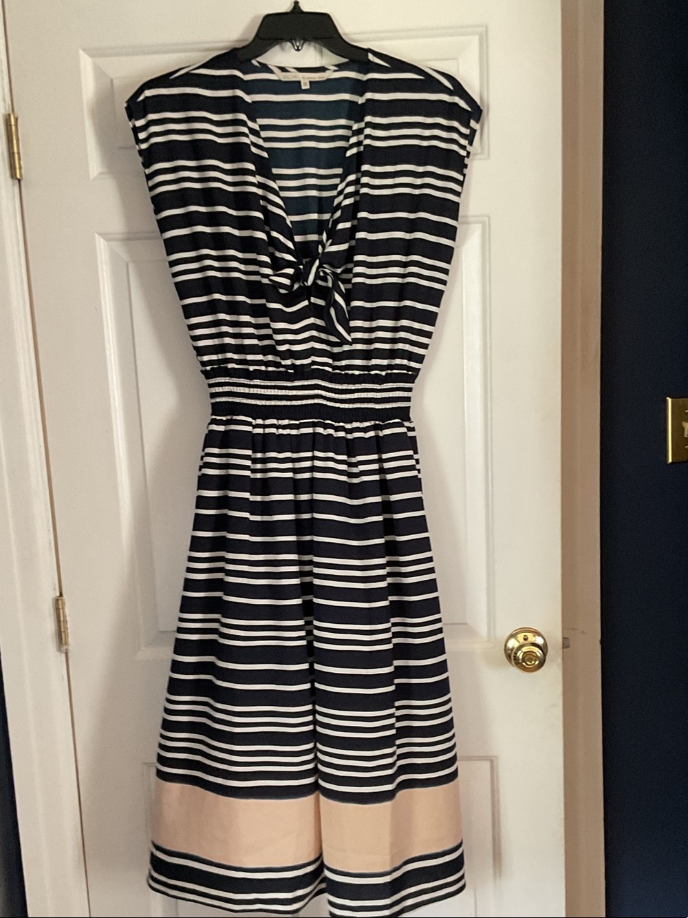 RACHEL Rachel Roy Navy and White Striped Midi Dress with Blush Pink Border